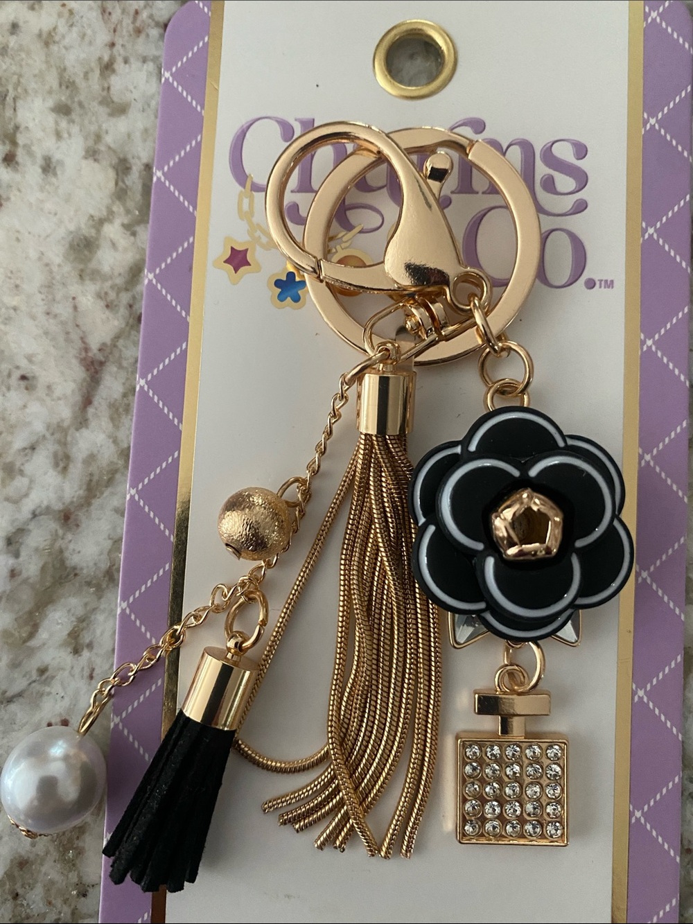 Black & Gold Floral faux pearl bling bottle Tassel bag charm Keychain NWT